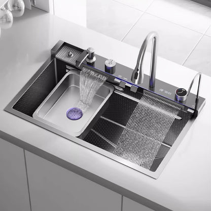 A European-Style Stainless Steel Single-Bowl Kitchen Sink with Waterfall Faucet, Digital Display Screen, Honeycomb Nano Worktop, Multifunctional Top Installation, Undermount, Right Drainage, Including Faucet, No Need for Batt