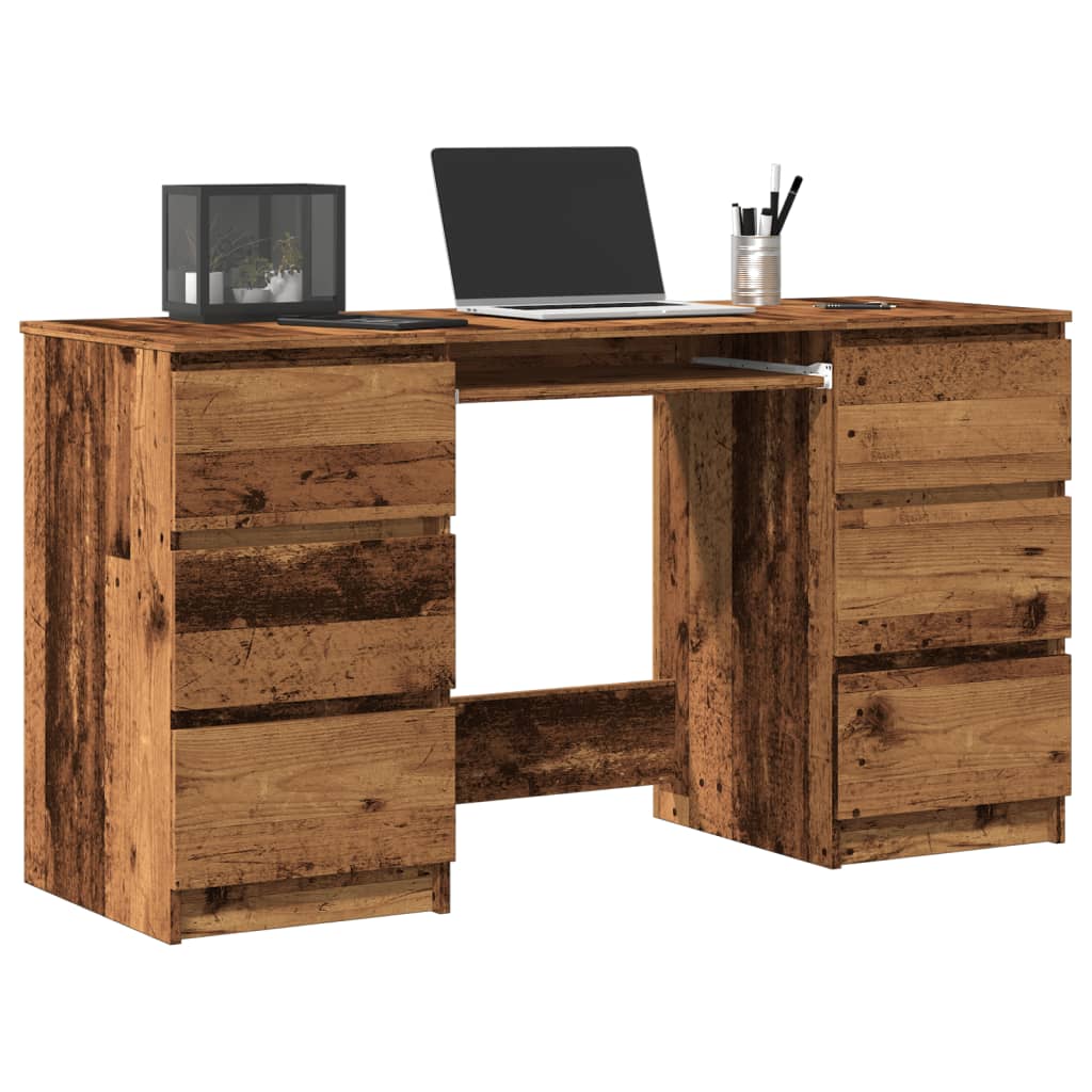 Bureau – Werkplektafel – Schrijftafel – Computertafel – Thuiswerkplek – Oude Houtlook – 6 Lades Opbergruimte – Duurzaam Behandeld Hout