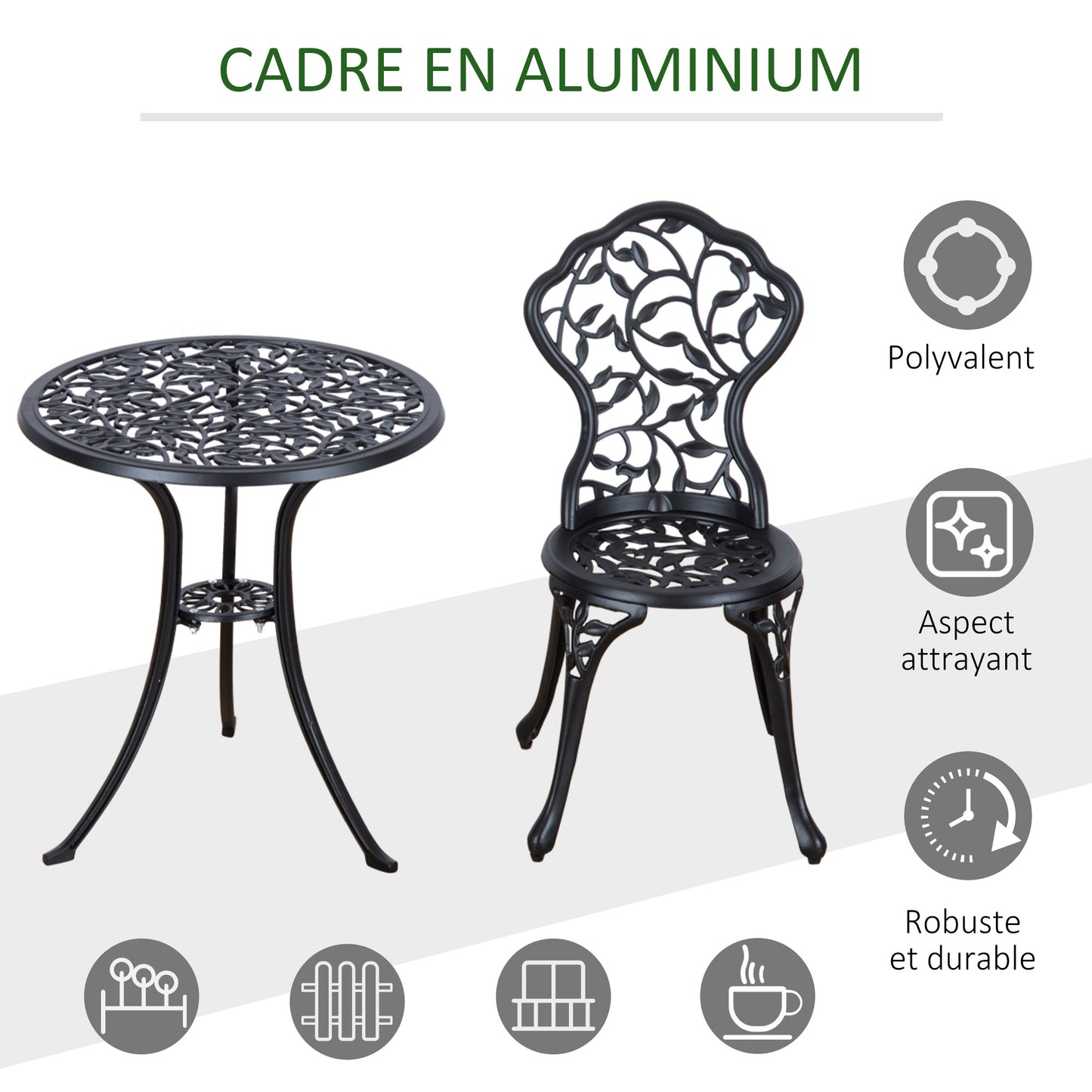 Bistroset – Balkonset – Tuinset – Buitenmeubilair – 2-Persoons Set – Duurzaam Aluminium – Ronde Glas Tafel Ø60 cm