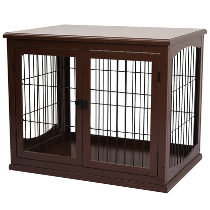Hondenbench – Hondenkooi – Hondenhok – Hondenmand – Hondenverblijf – Dubbele Deuren – Duurzaam MDF Met Metaal – Bruin – 58,5x81x66 cm
