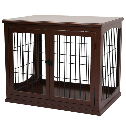 Hondenbench – Hondenkooi – Hondenhok – Hondenmand – Hondenverblijf – Dubbele Deuren – Duurzaam MDF Met Metaal – Bruin – 58,5x81x66 cm