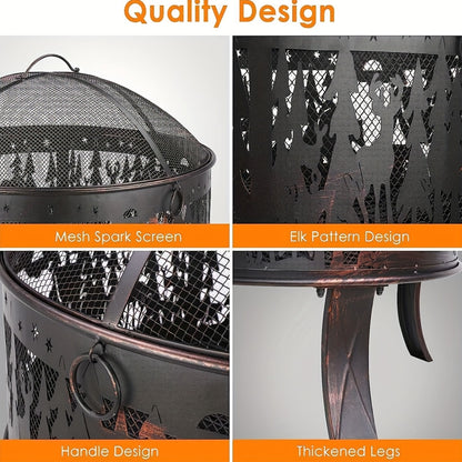 Vuurkorf – Tuinhaard – Terrashaard – Kampvuurkorf – Buitenhaard – Vintage Stijl – Elandpatroon – Duurzaam IJzer – Inclusief Vonkenscherm – 71x65 cm