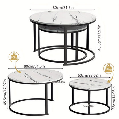Salontafel – Bijzettafel – Woonkamertafel – Koffietafel – Tafel – Set van 2 Ronde Salontafels – Wit Marmerlook – Hoog Draagvermogen 80 kg & 50 kg – Space Saver