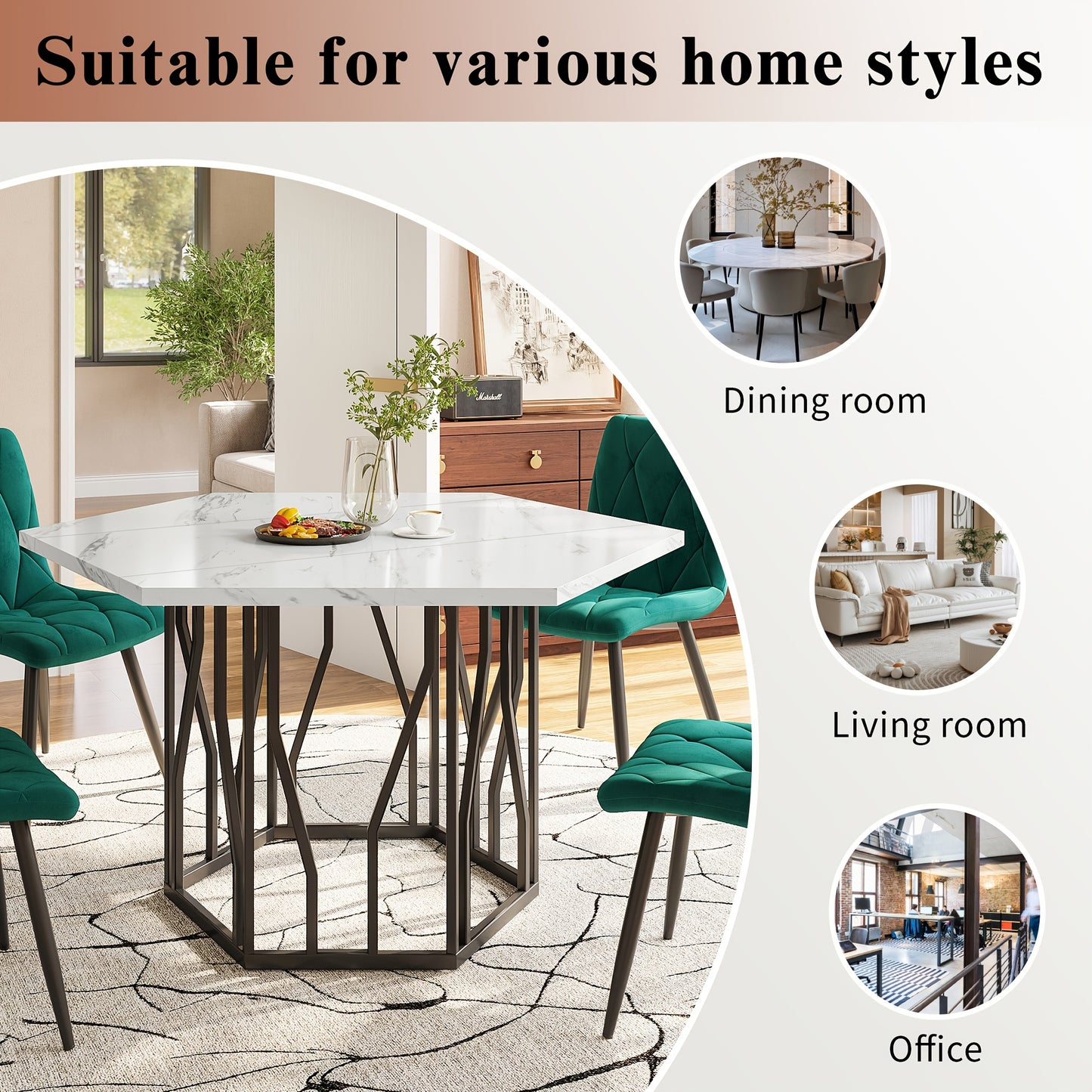 Eettafel – Tafel – Dinertafel – Salontafel – Bijzettafel – Hexagonaal Marmeren Blad – Zwart Metalen Takkenframe