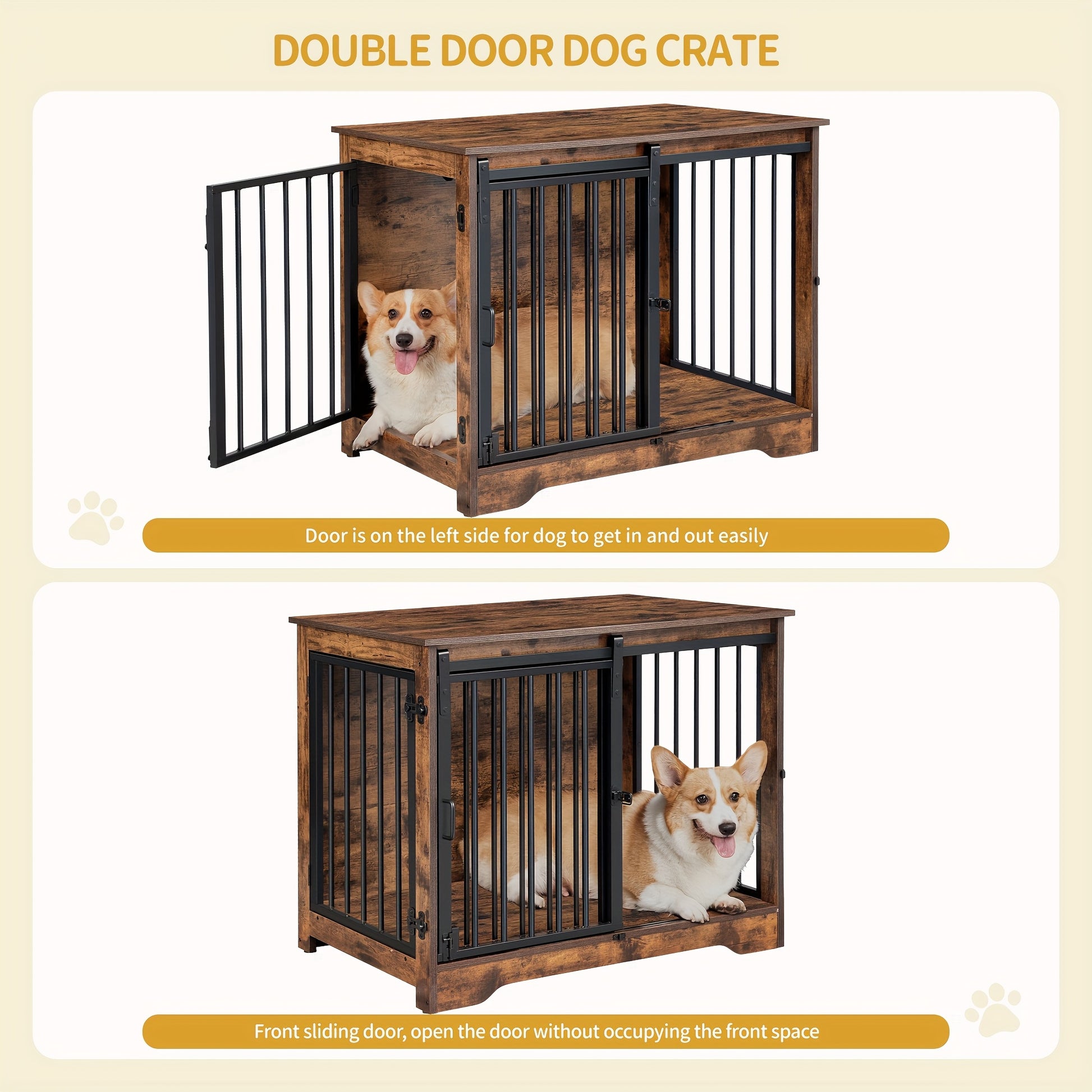 Wooden Dog Crate Furniture with Barn Door & Dual Lock - Escape-Proof Chewproof Kennel Suitable for Small/Medium Dogs, Rustic Brown Multi-Functional End Table/ Table/Bedside Cabinet - Space-Saving Indoor Dog House - QUORE