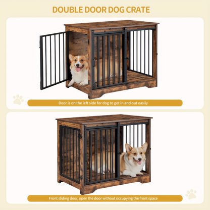 Wooden Dog Crate Furniture with Barn Door & Dual Lock - Escape-Proof Chewproof Kennel Suitable for Small/Medium Dogs, Rustic Brown Multi-Functional End Table/ Table/Bedside Cabinet - Space-Saving Indoor Dog House - QUORE