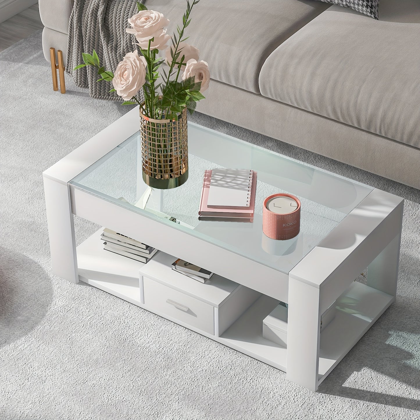 Salontafel – Tafel – Koffietafel – Woonkamertafel – Opbergtafel – Modern Wit Design – Glazen Blad Met Opbergruimte