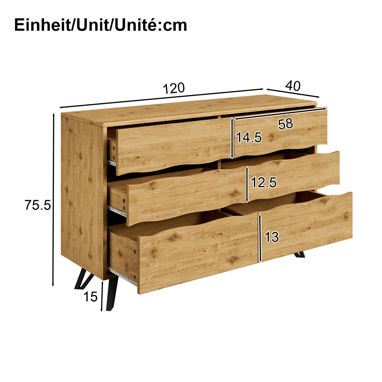 Sideboard – Dressoir – Opbergkast – Kast – Kledingkast – Scandinavisch Design – 6 Ruime Lades  – Natuurlijke Houtlook – 120x40x75,5 cm