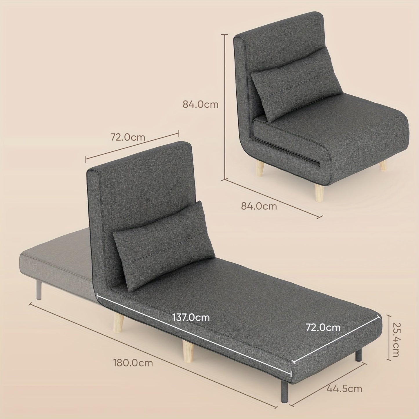 Slaapbank – Bedbank – Relaxfauteuil – Slaapstoel – Logeerbed – 3-in-1 Multifunctioneel – Verstelbare Rugleuning – Donkergrijs Met Kussens