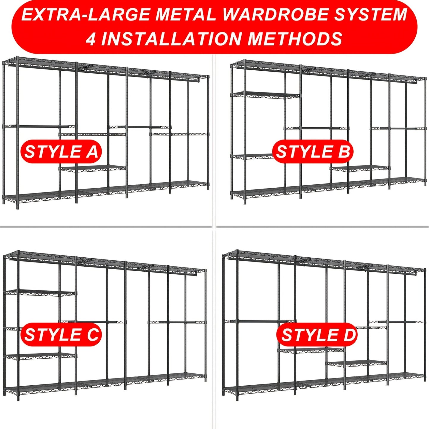Kledingrek Heavy Duty – Garderobekast – Kledingorganizer – Stellingkast – Kledinghanger – Extra Groot 4 Kolommen 4 Lagen – Modulaire Carbon Stalen Frame – 498,95 KG Draagvermogen – 11 Planken Met Afdekhoes