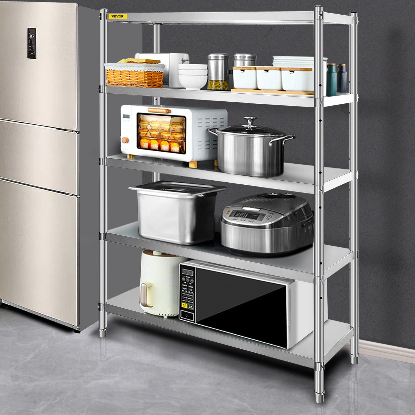 Stalen Opbergrek – RVS Rek – Opslagrek – Stellingkast – Garage Rek – 5 Verstelbare Planken – Hoog Draagvermogen 150 kg Per Plank