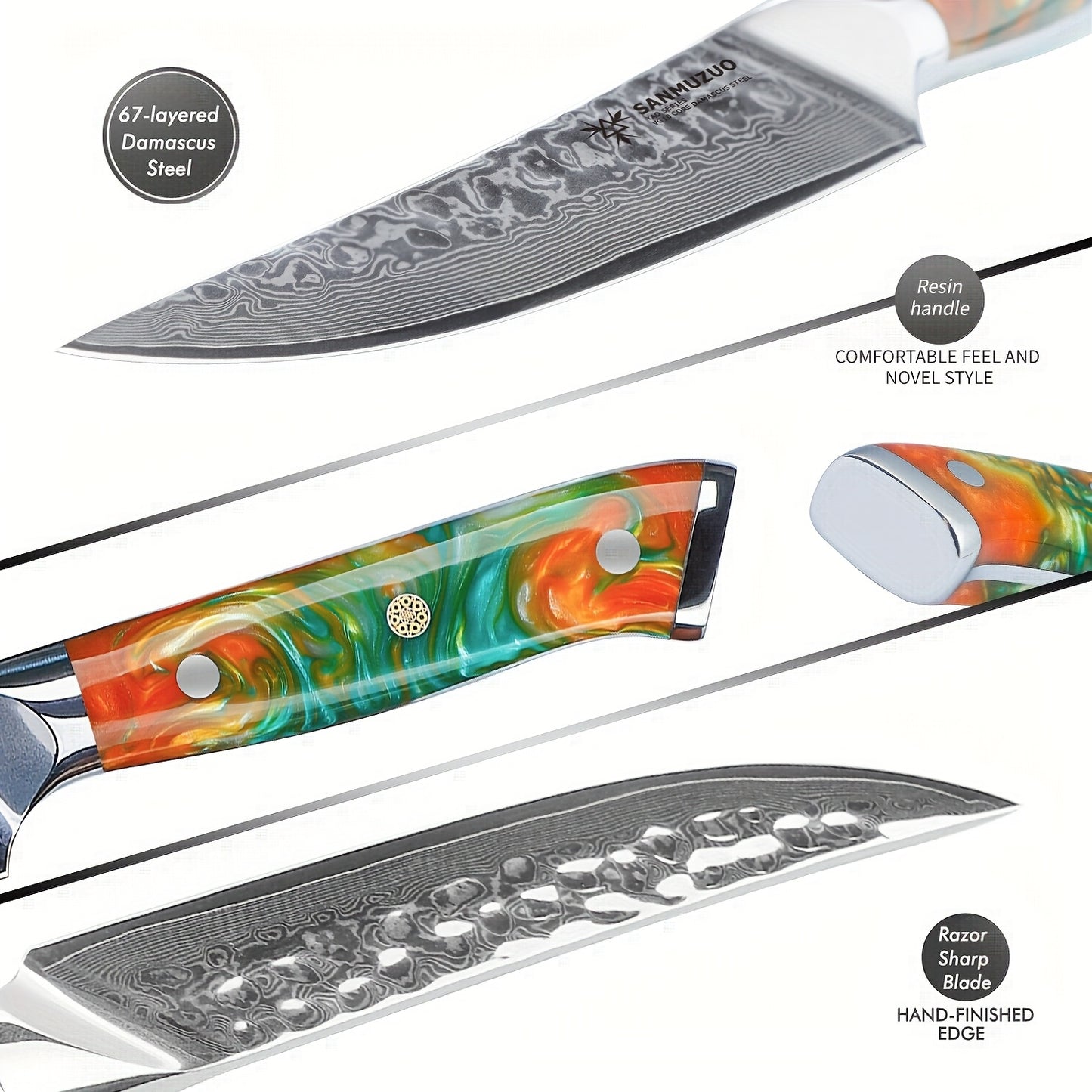 Damascus Steakmessen – Steakmessen Set – Vleesmessen – Keukenmessen – Steakmessen Oranje – Japans VG-10 Staal – 12,7 cm Lemmet
