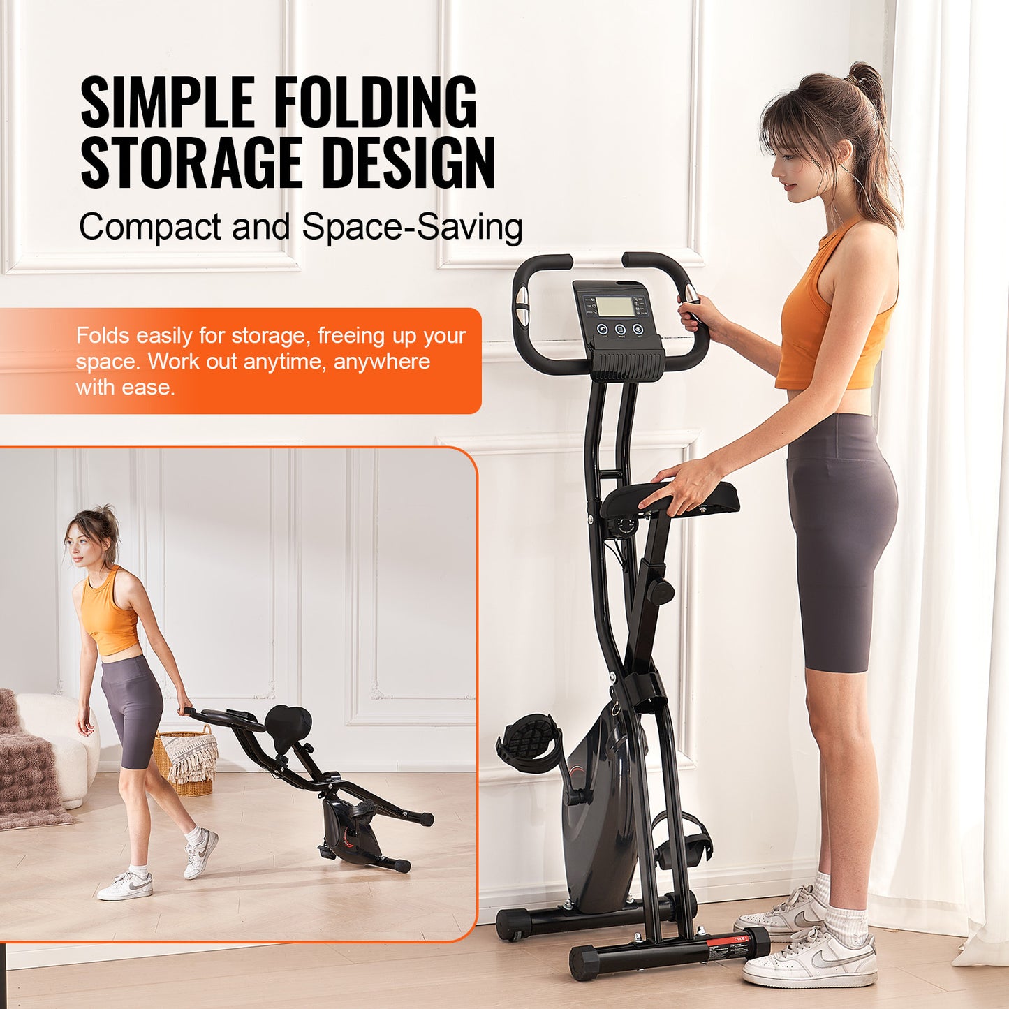3-in-1 Hometrainer – Fitnessfiets – Indoor Bike – Stationaire Fiets – Opvouwbare Fiets – Zwart-Oranje – Verstelbaar Zadel – Magnetische Weerstand