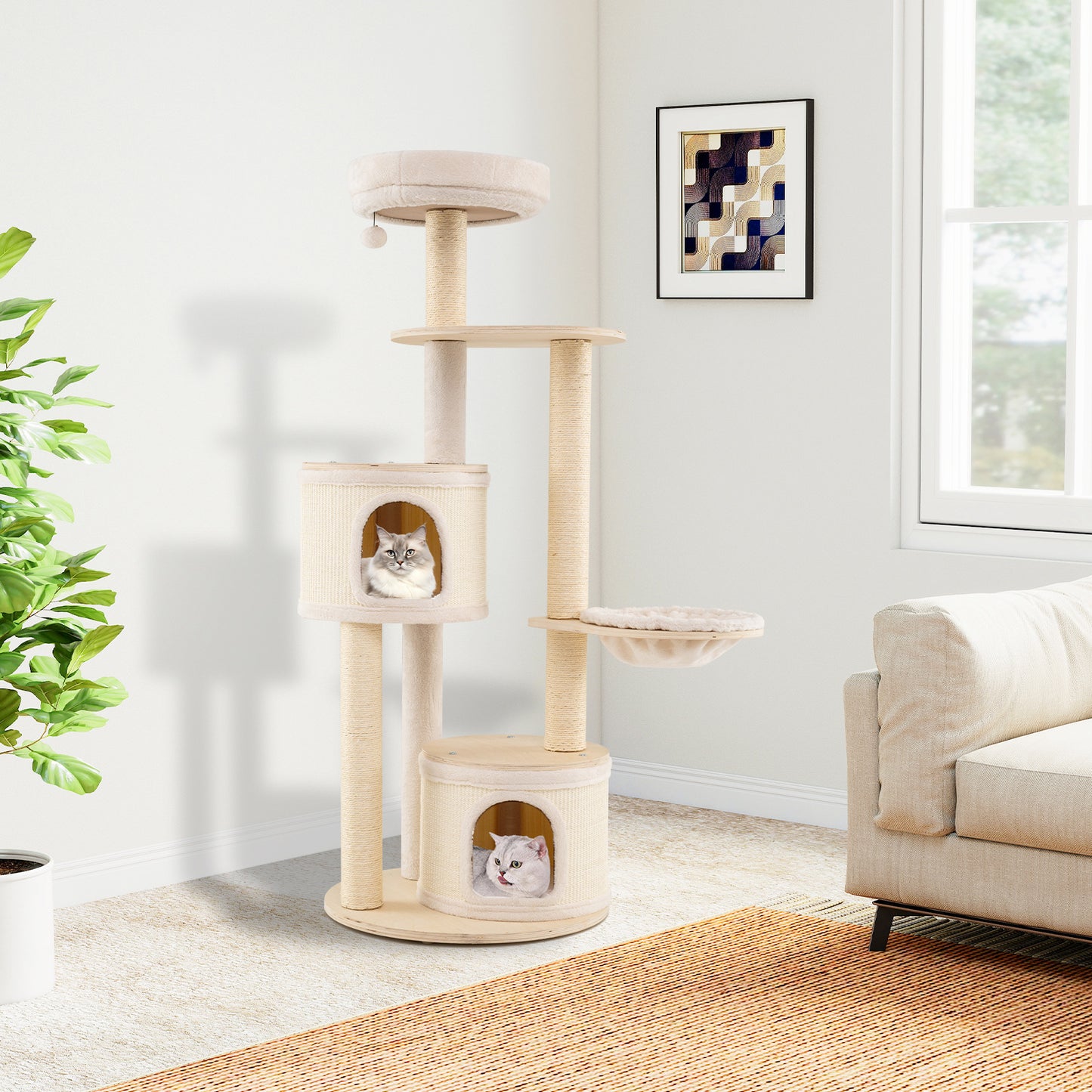 Kattenklimtoren – Kattenpaal – Krabpaal – Klimmeubel – Kattenhuis – Natuurlijk Hout – 152 cm Hoog – Wasbare Kussens