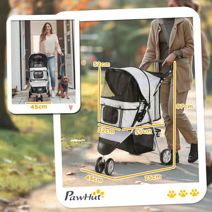 Hondenwagen – Hondenbuggy – Hondentrolley – Hondenkar – Opvouwbare Draagbare Wagen – Geschikt voor Honden tot 10 kg – Verstelbare Zonneklep – Grijs