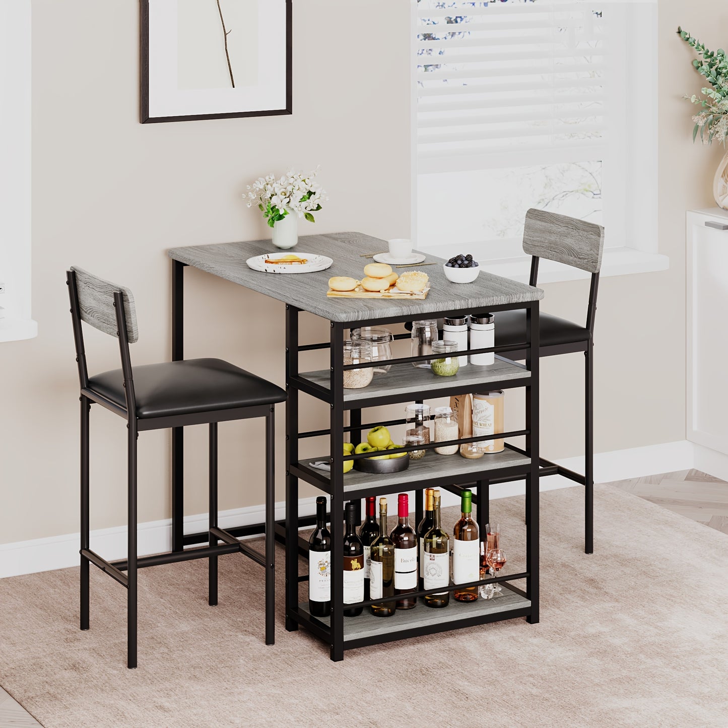 Bartafelset – Eettafel Set – Barkrukken – Bistro Set – Keukentafelset – Compact 3-Delig – MDF en Metaal – Met 3 Ruime Opbergruimtes – Vintage Grijs