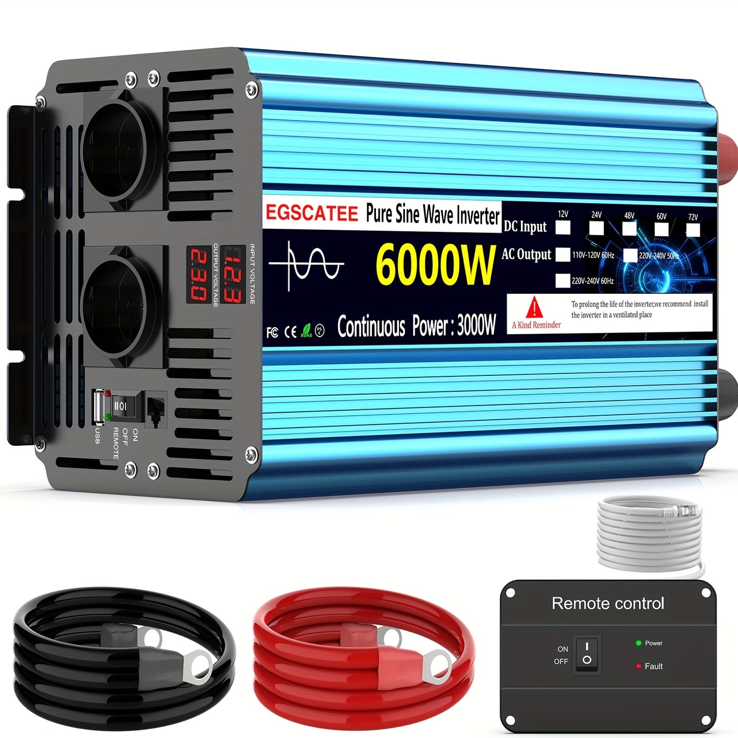 3000W Pure Sinus Omvormer – Stroomomvormer – Spanning Converter – DC Naar AC Omzetter – Camping Accu Omvormer – 6000W Piekvermogen – LCD Display & Afstandsbediening – Blauw