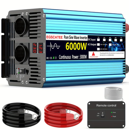 3000W Pure Sinus Omvormer – Stroomomvormer – Spanning Converter – DC Naar AC Omzetter – Camping Accu Omvormer – 6000W Piekvermogen – LCD Display & Afstandsbediening – Blauw