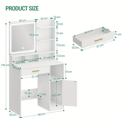 Kaptafel – Make-uptafel – Schminktisch – Dressing Table – Vanity Table – Met Spiegel en LED-Verlichting – Royale Opbergruimte met Lade en Kastjes – 3-Instelbare Lichtsterktes – Wit Hoogglans MDF