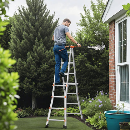 Telescopische A-Frame Ladder – Vouwladder – Uitklapbare Ladder – Steigerladder – Aluminium Ladder – Inklapbaar Compact – Draagkracht 150 kg – Dual-Wielen Voor Makkelijk Vervoer