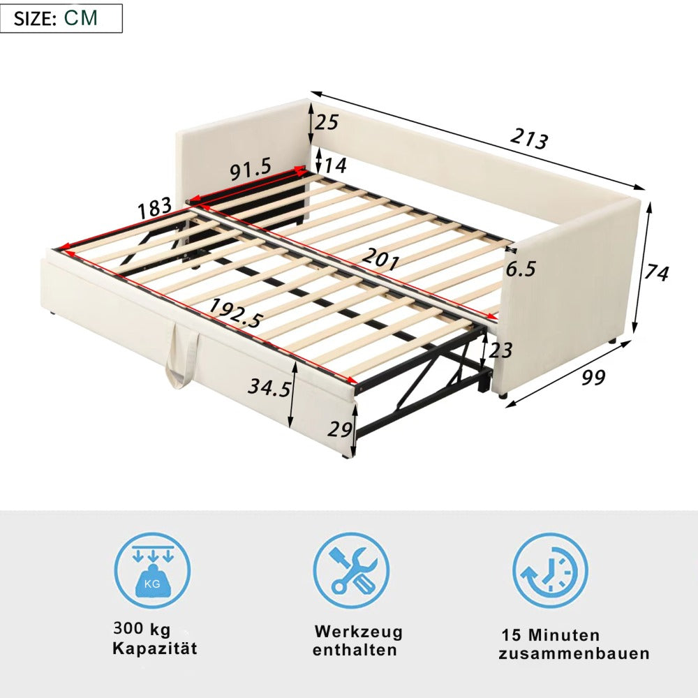 Uitschuifbare Bedbank – Slaapbank – Bedbank – Slaapbank Met Bed – Grijze Velvet Bekleding – 90/180x200 cm – Slim Uitschuifsysteem – Comfortabele Houten Lattenbodem
