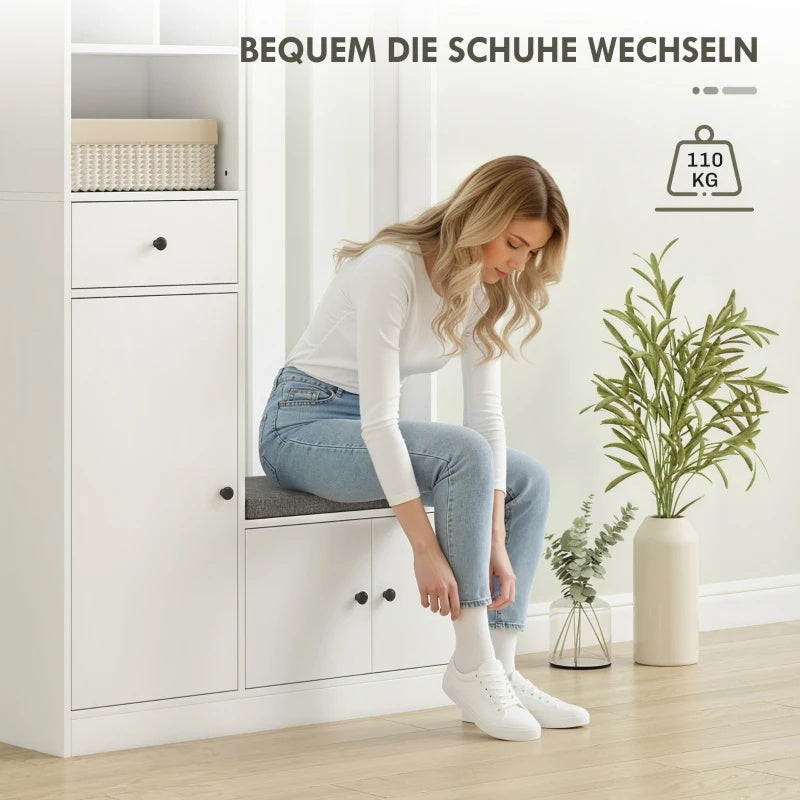 180cm Tall Entrance Hall Wardrobe Set | With Clothes Rack, Upholstered Shoe Bench, 4 Hooks, 4 Open Shelves, Shoe Rack, Chest Of Drawers, Hallway Furniture, Bench With Storage Space, White, European Style