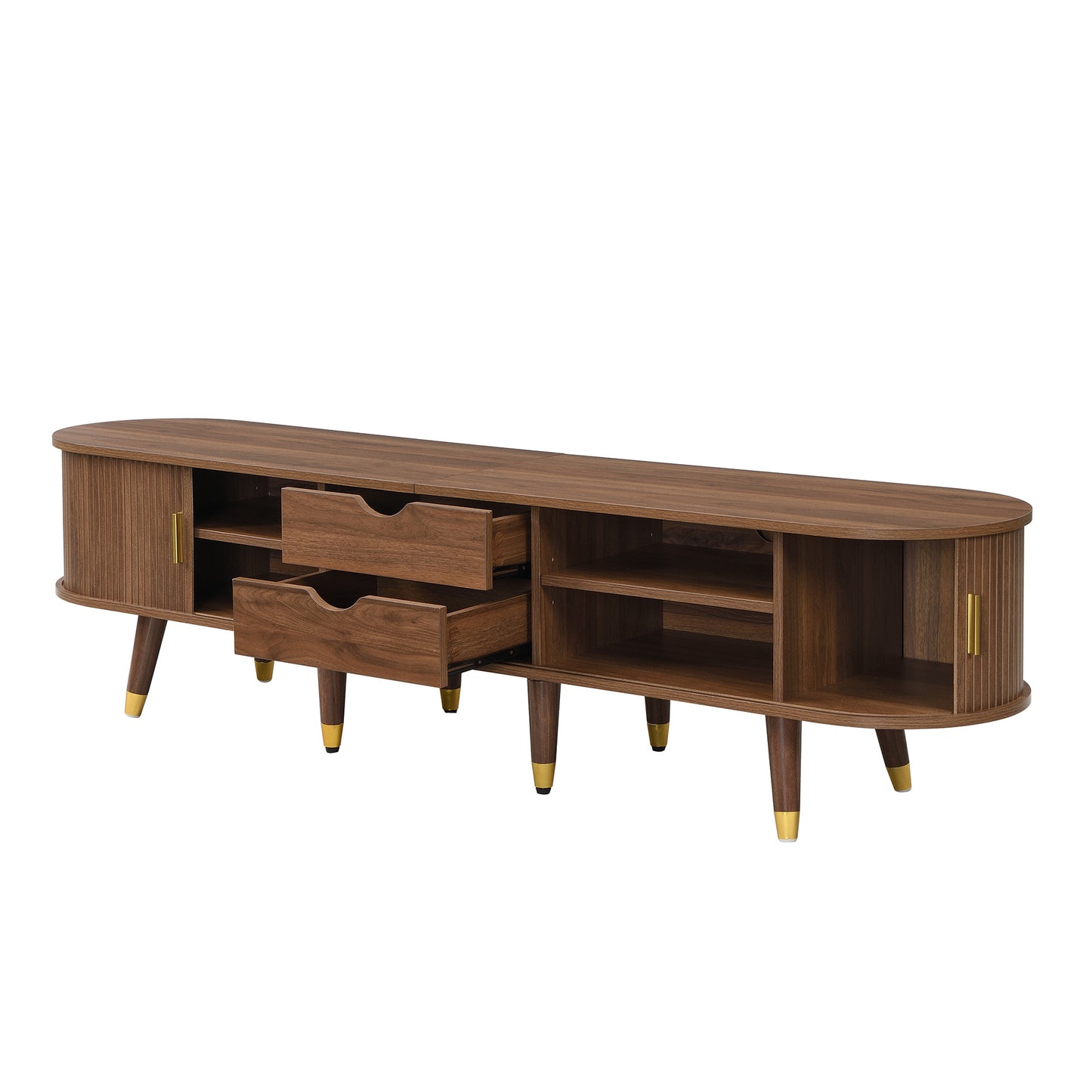 TV Lowboard – TV Meubel – TV Kast – TV Bank – Dressoir – Rieten Schuifdeur – Walnoot Afwerking – 175 cm Breed – MDF Material