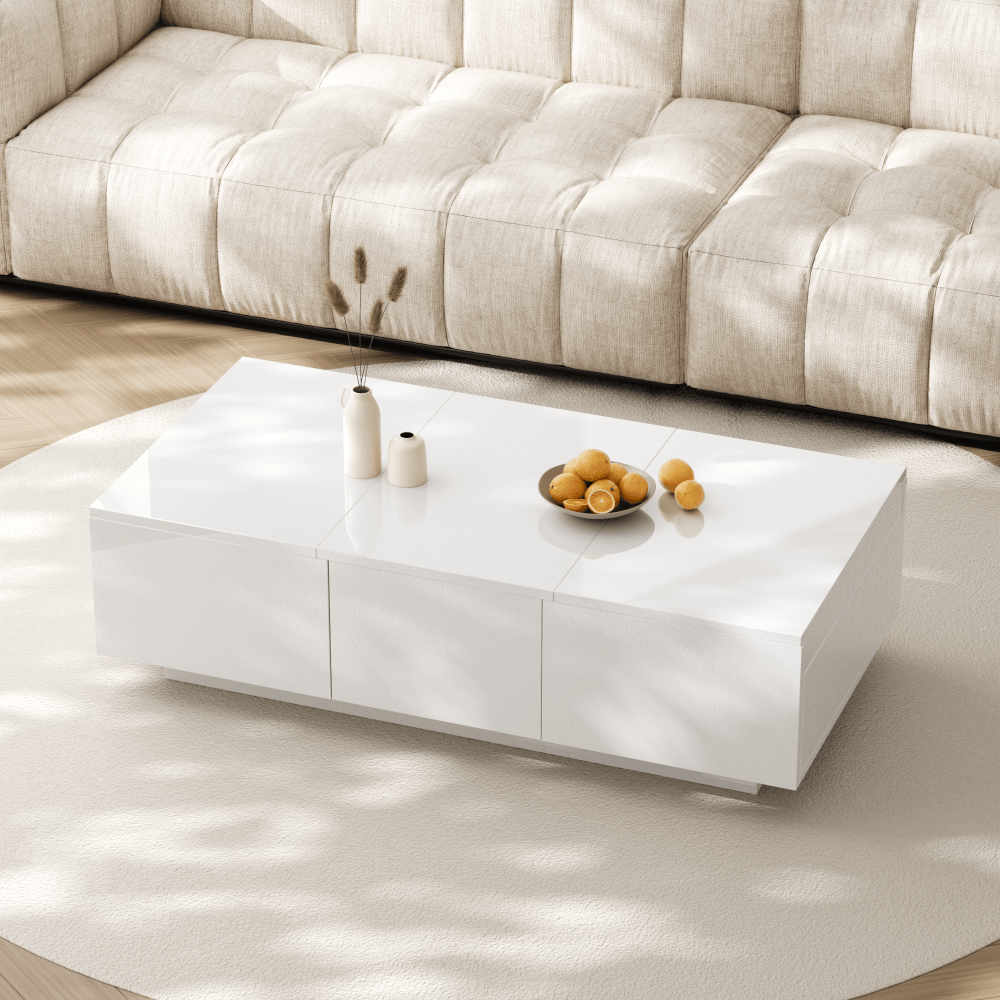 Salontafel – Koffietafel – Bijzettafel – Woonkamertafel – Tafel – Hoogglans Wit – Dubbele Schuifladen – Hout Kunstboard