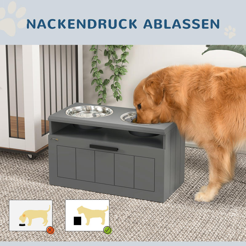 hondenvoerbak verhoogd – voerbak met standaard – dubbele voerbak hond – verhoogde voerbak met lade – verhoogde voerbak voor grote honden – 2 roestvrijstalen bakken – MDF en staal – 35,5 x 60 x 30 cm – grijs