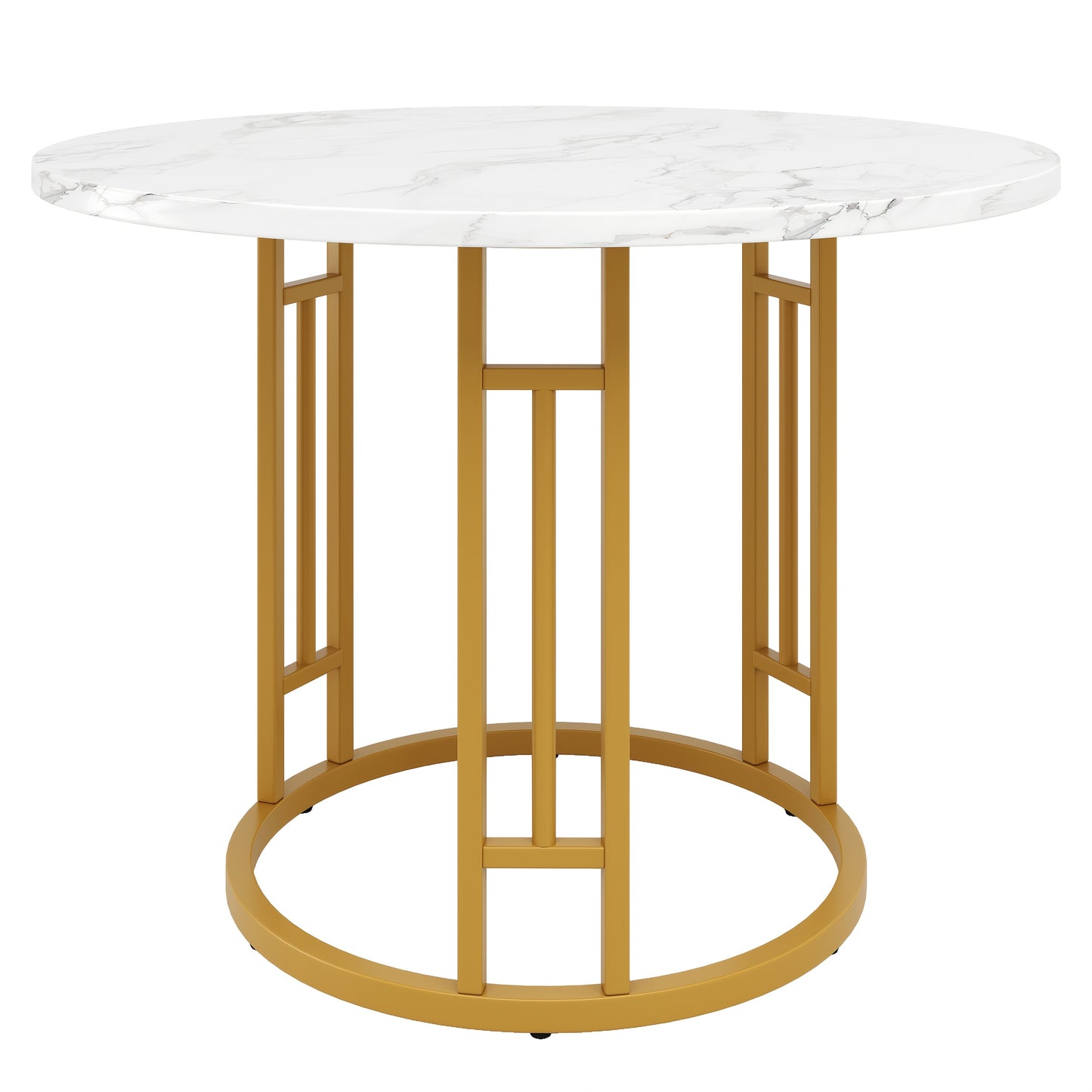 Eettafel – Ronde Tafel – Keukentafel – Dinertafel – Huiskamer Tafel – Marmerlook MDF Blad – Gouden Metalen Poot – Compact 80x80x76 cm – Voor 4 Personen