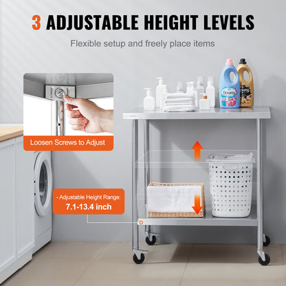 VEVOR Stainless Steel Work Table Commercial Prep Table 24x36 Inch With 4 Casters