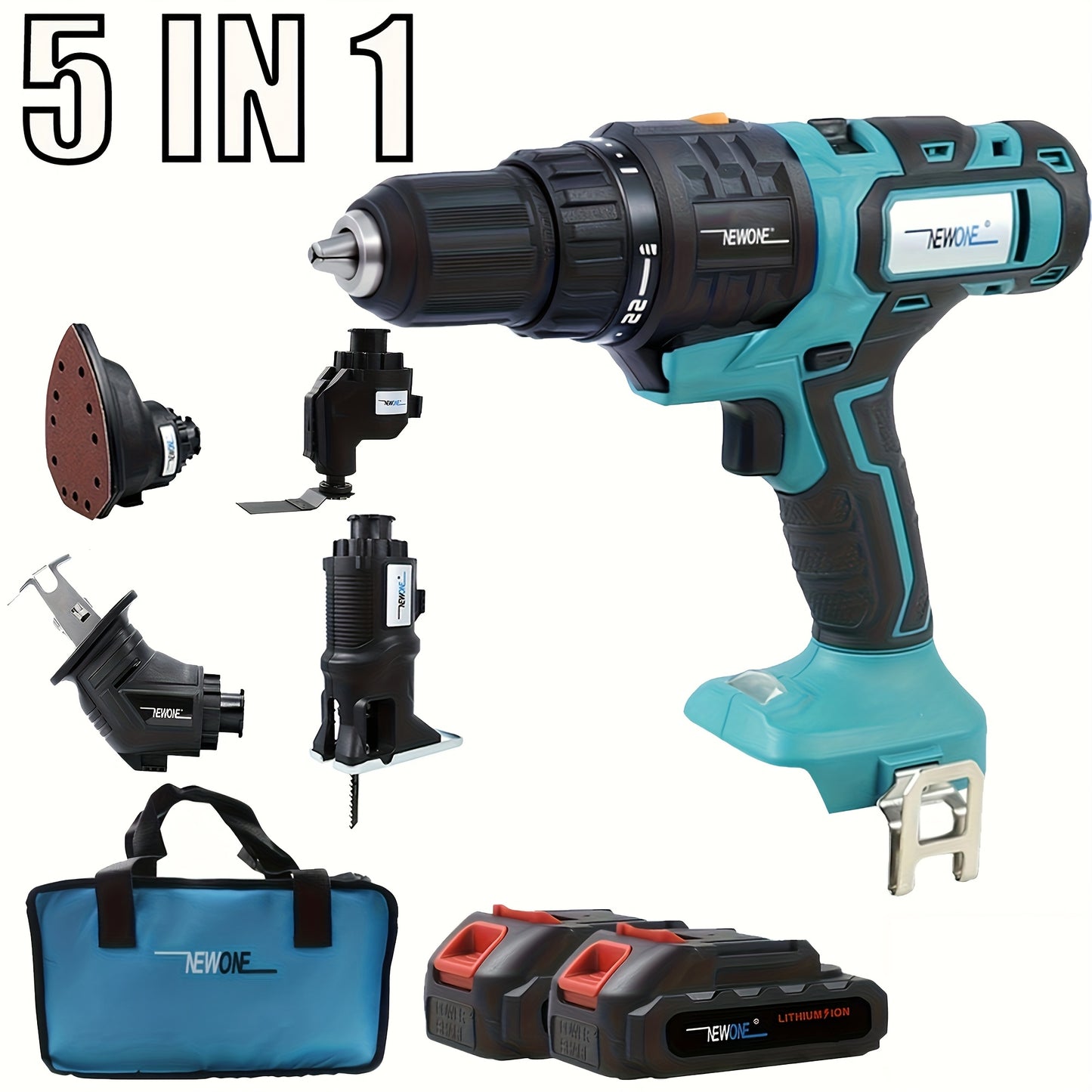 5-in-1 Accu Gereedschap – Boormachine – Reciprozaag – Decoupeerzaag – Multitool – Schuurmachine – 2x 18V 2000mAh Lithium-Ion Batterijen – Snel Wisselmechanisme