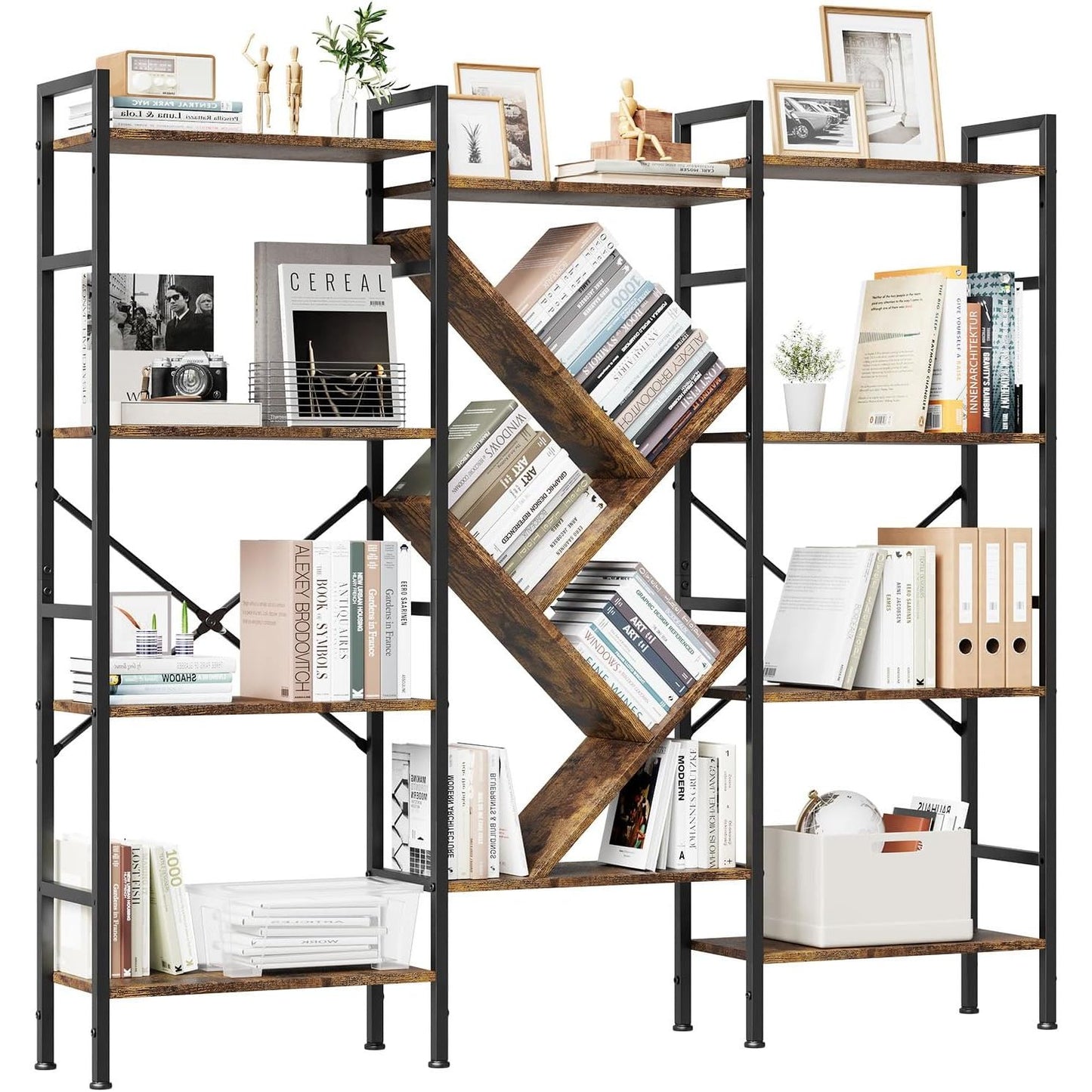 Triple 5 Tier Shelf Bookshelf | Rustic Wooden and Metal Display Book Shelf, Wide Bookcase, Adds Character to Your Room, Bedroom, Living Room, Home & Office Shelving, Brown, Freestanding, Assembly Required, TACKVIEW