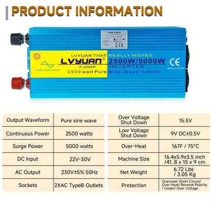Spanningsomvormer – Omvormer – Inverter – Stroomomzetter – Converter – 24V Naar 220V – 2500W Continu – Pure Sinusgolf Met LCD Display