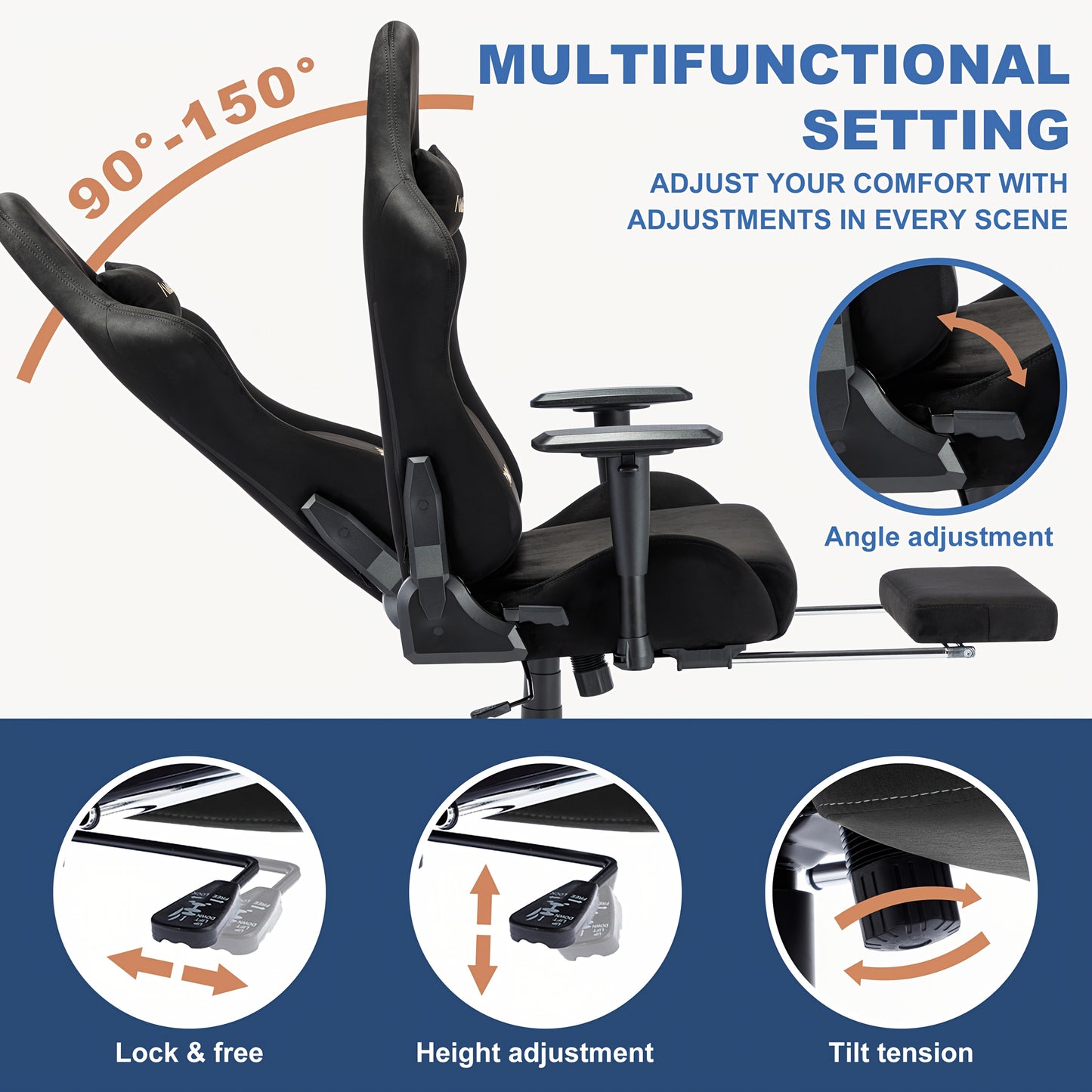 Ergonomic Gaming Chair with Footrest & Lumbar Support - Adjustable Height, 360° Swivel, Manual Recline Handle, Thickened PU Cushioned Seat & Backrest, Breathable Mesh-like Open Back Design, Heavy-Duty Metal Frame - Racing St