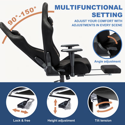 Ergonomic Gaming Chair with Footrest & Lumbar Support - Adjustable Height, 360° Swivel, Manual Recline Handle, Thickened PU Cushioned Seat & Backrest, Breathable Mesh-like Open Back Design, Heavy-Duty Metal Frame - Racing St