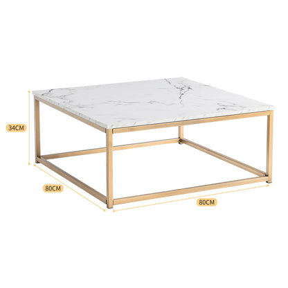 Salontafel – Koffietafel – Bijzettafel – Woonkamertafel – Lounge tafel – Gouden Marmerlook – Industrieel Metalen Frame – 80x80x34 cm – Eenvoudig Montage