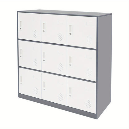 9-Door Heavy-Duty Lockable Metal Storage Cabinet with Card Slots & Key Lock - Modern & Gray Contemporary Floor-Standing Office Cabinet, 9-Slot Organizer for Home Office, School, Business - Easy Assembly, No Electrical Require