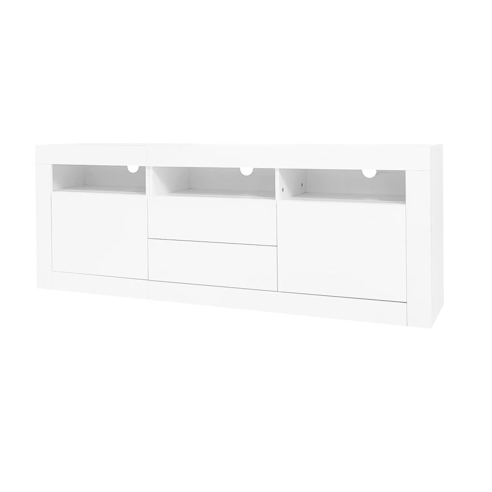 Modern High-Gloss Metal TV Stand for 70-Inch TVs with 3 Open Shelves, 2 Doors & 2 Drawers - Heavy-Duty Storage Entertainment Center, Minimalist Media Console for Living Room, Durable Metal Construction, Space-Saving Design, E