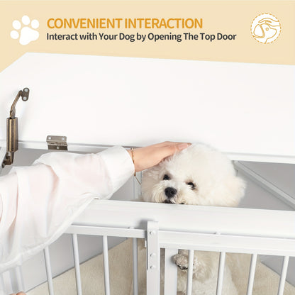 Corner Dog Cage, Dog Crate For Home, Dog Cage Furniture With Cushion And Sliding Doors, Modern Wooden Indoor Dog Crate With Hinged Lid For Medium And Small Dogs, 107 X 59.6 X 64 Cm, White