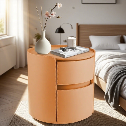 Ronde Nachtkastje – Modern Nachtkastje – Minimalistisch Nachtkastje – Houten Nachtkastje – Compact Nachtkastje – 2-Laden Opbergruimte – 45x45x50 cm – Duurzame Lederen Bovenkant