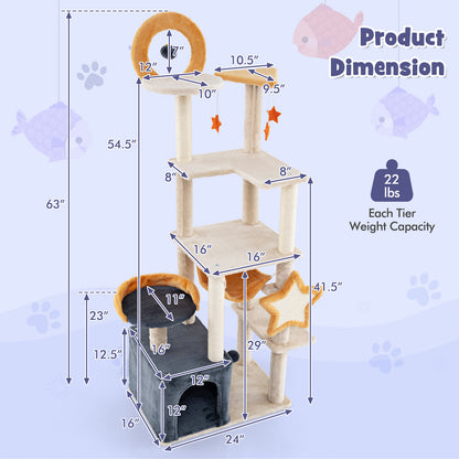 Kattenboom – Krabpaal – Klimtoren – Kattenhuis – Kattenmeubel – Ruim Multi-level Ontwerp – Stabiele Basis met Sisal Krabvoorzieningen – Beige Donkergrijs Oranje