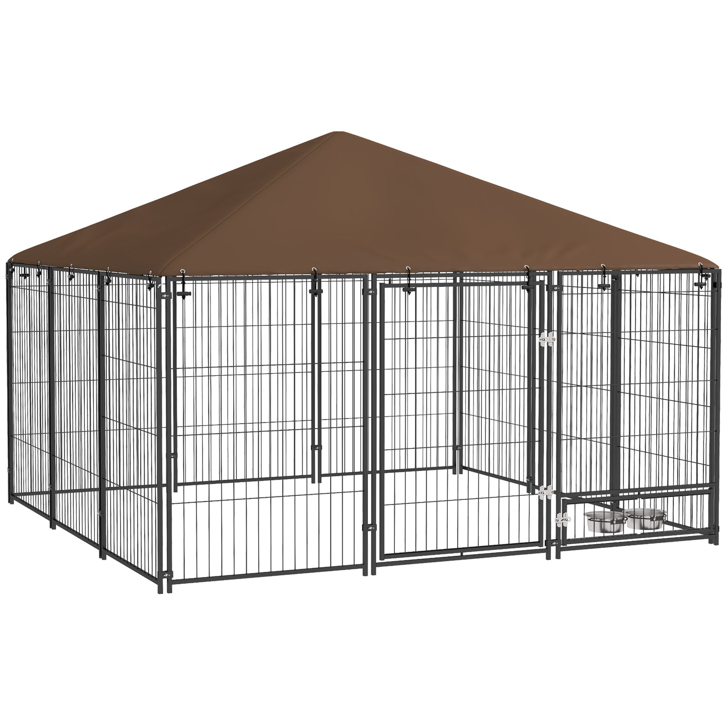 Buitenkennel Honden – Hondenren – Hondenhok – Hondenkooi – Buitenverblijf – Robuust Roestvrij Staal – Waterdicht Oxford Dak – Café Kleur – 211x211x151 cm – Veilig en Ruim