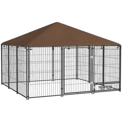 Buitenkennel Honden – Hondenren – Hondenhok – Hondenkooi – Buitenverblijf – Robuust Roestvrij Staal – Waterdicht Oxford Dak – Café Kleur – 211x211x151 cm – Veilig en Ruim