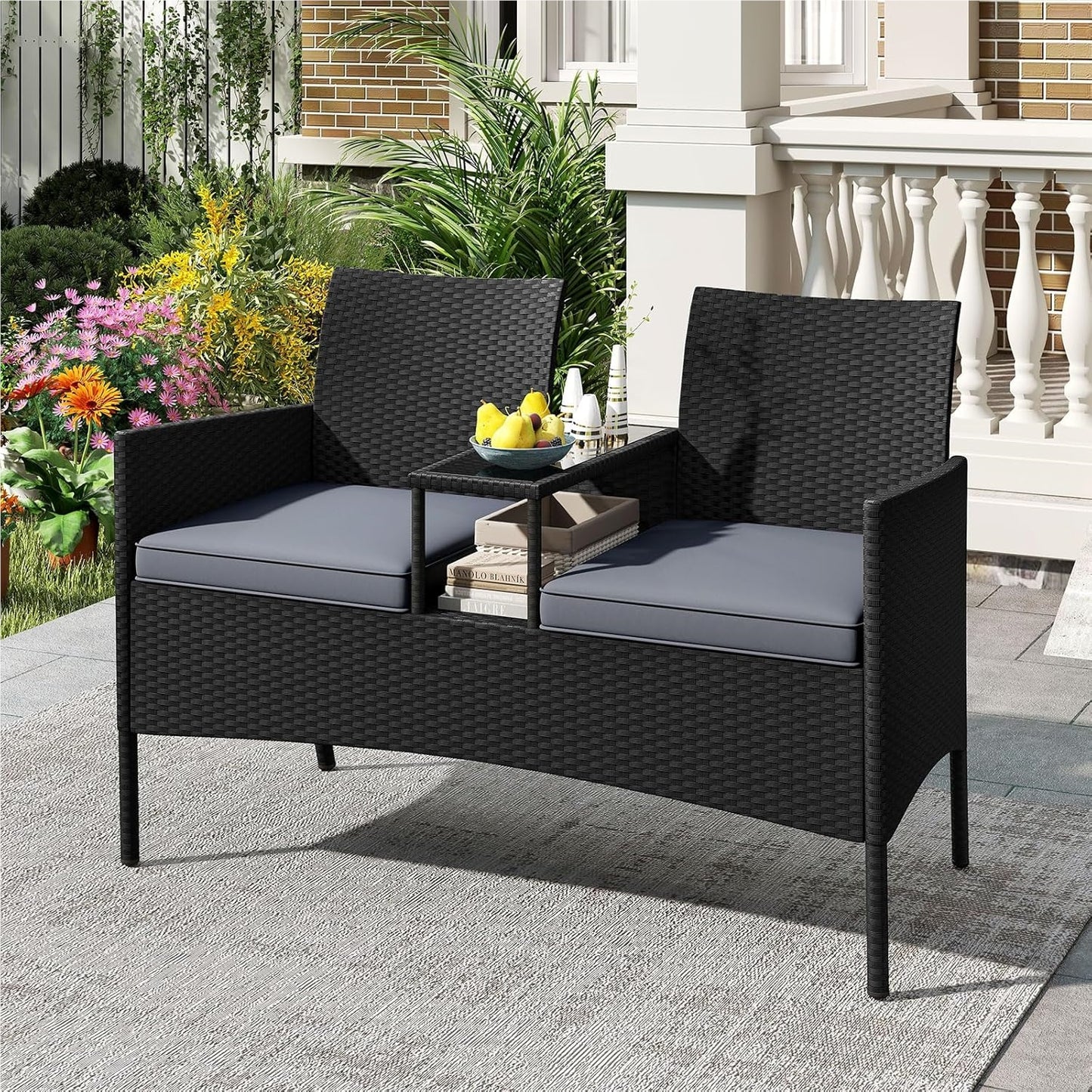 Tuinbank met Tafel – 2-Zits Loungeset – Buitenbank – Terrasmeubilair – Balkonmeubel – Weerbestendig – Met Geïntegreerde Tafel en Comfortabele Kussens – Grijs