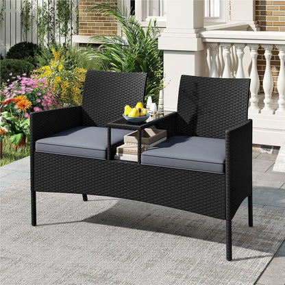 Tuinbank met Tafel – 2-Zits Loungeset – Buitenbank – Terrasmeubilair – Balkonmeubel – Weerbestendig – Met Geïntegreerde Tafel en Comfortabele Kussens – Grijs