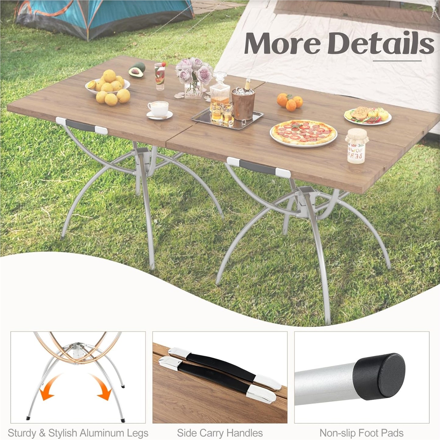 2-in-1 Campingtafel – Opvouwbare Tafel – Picknicktafel – Verstelbare Tafel – Connecteerbare Outdoor Tafel – Lichtgewicht Aluminium Frame – Houtprint Tafelblad