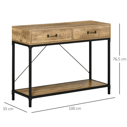 Sidetable – Consoletafel – Wandtafel – Haltafel – Bijzettafel – Industrieel Design – 2 Lades & Open Plank – 100x35x76 cm Houtlook & Metaal