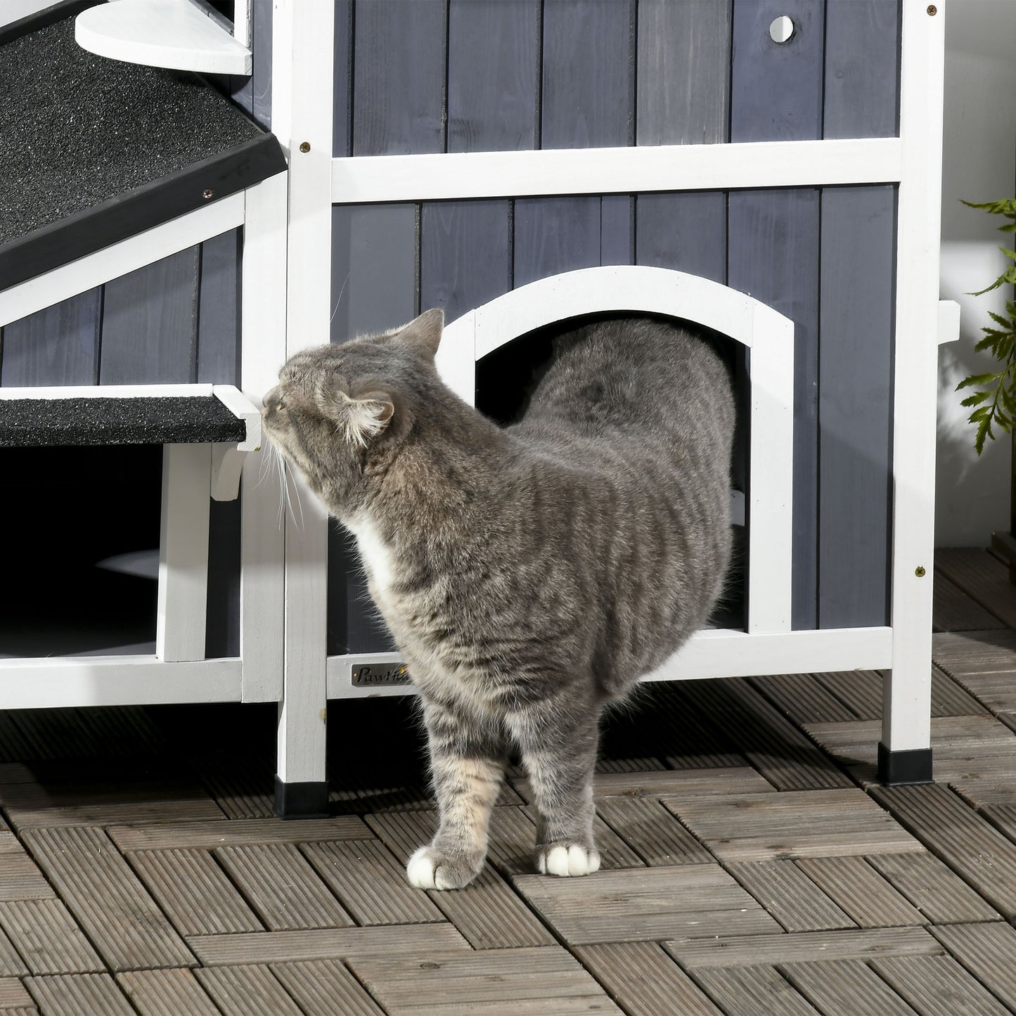 Buitenhuis Kat – Katzenhuis – Kattenhok – Kattenverblijf – Kattenhuisje – Grijs – Waterbestendig Grenenhout – Asphalt Dak met Verhoogde Vloer