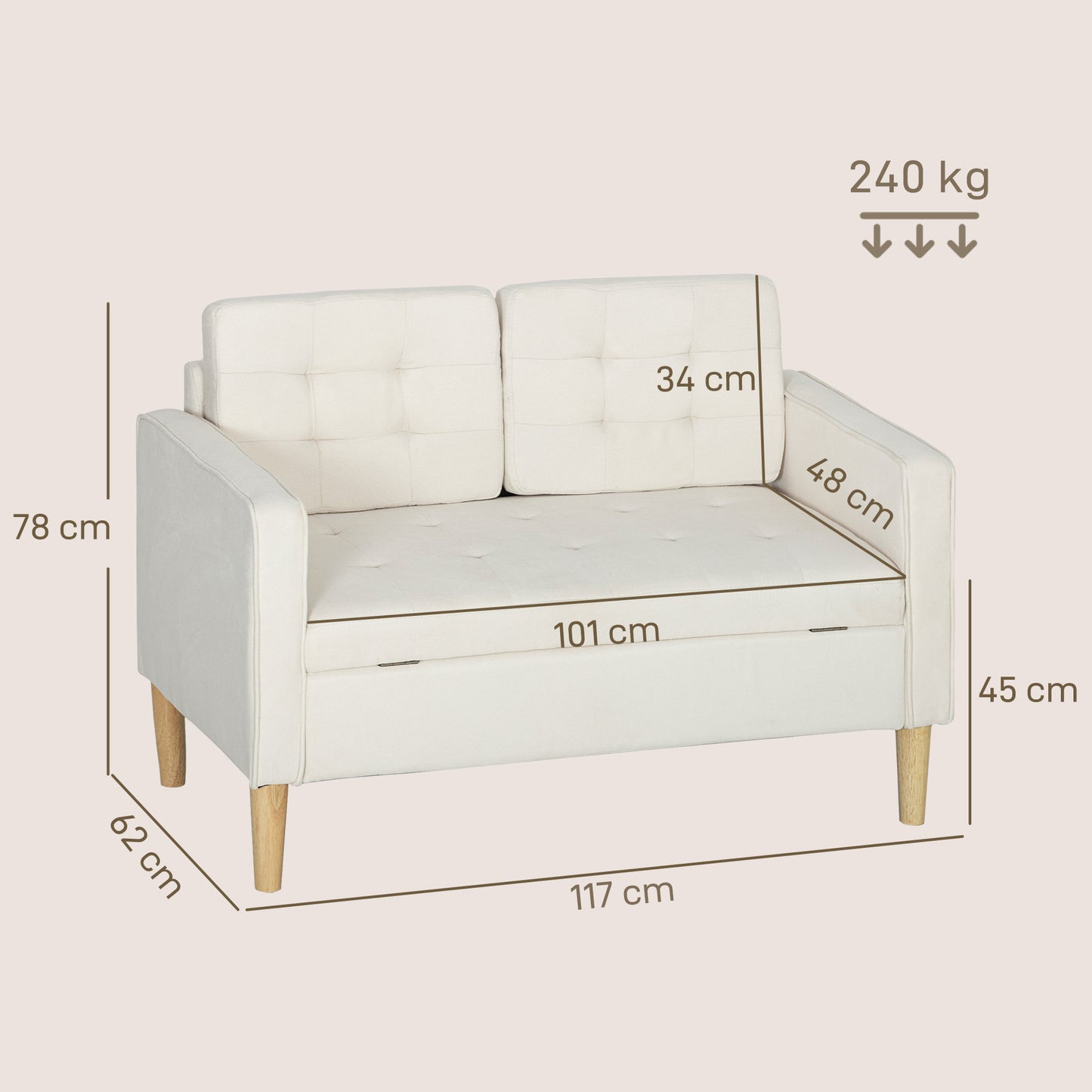 2-zitsbank – Tweezitsbank – Loveseat – Bankstel – Zitbank – Opbergruimte Onder Zitting – Rubberwood Frame – Crème Wit – 117x62x78 cm – Button Tufting